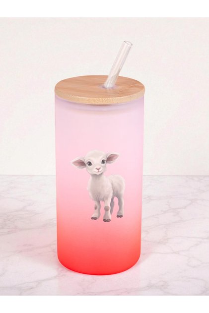 Lamb Printed 600 ml Glass Flask - Water Flask, Drinking Flask, Glass Flask with Straw