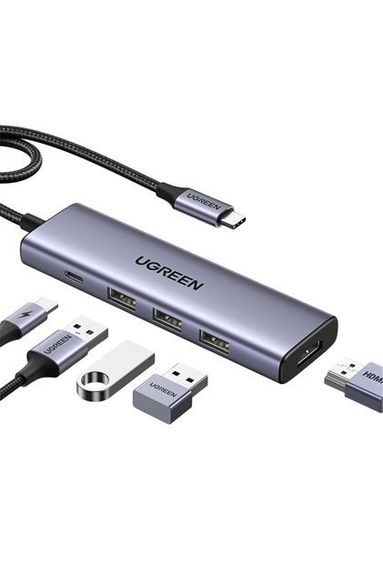Σταθμός σύνδεσης Type-C σε 3x USB, HDMI 4K@30Hz, Type-C PD100W, 5Gps, Λεπτός, Μίνι, 0,2 μ., Γκρι