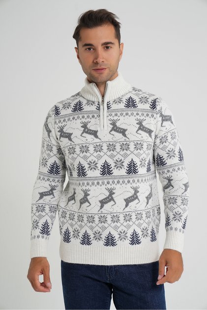 Trist Star Men's Bone Short Zip-Up Standing Collar Jacquard Deer Wool Christmas Sweater Trist-5362
