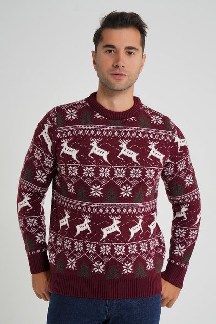 Trist Star Men's Burgundy Cycling Collar Jacquard Deer Wool Christmas Sweater Trist-5360