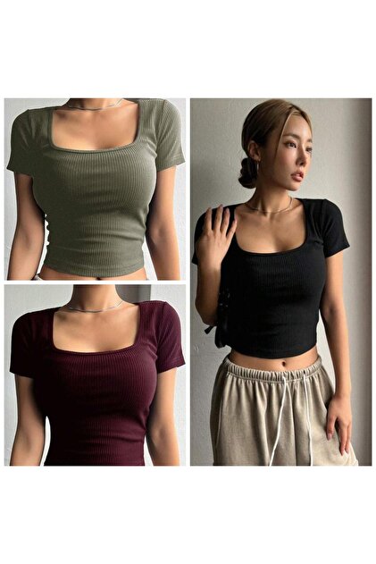 Kadın 3'lü paket fitilli kaşkorse vücudu saran KARE YAKA CROP T-SHİRT