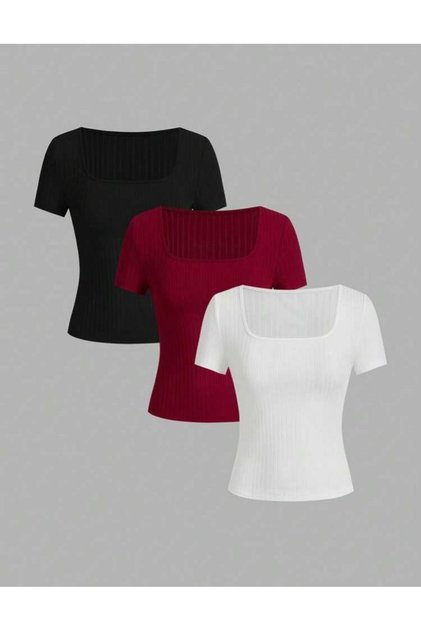 Women's 3-Pack Ribbed Camisole Body-Hugging Square Neck Crop T-Shirt