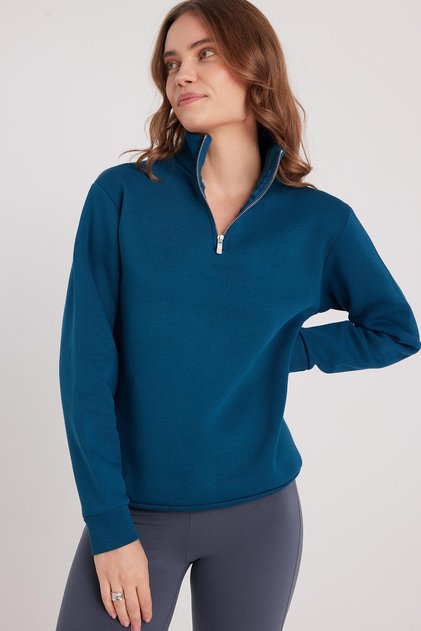 Women's Relax Fit Comfortable Cut Cotton Fleece Lined Half Zipper Indigo Stand Collar Sweatshirt