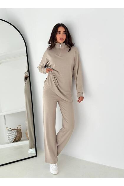 Women's Standing Collar Half Zipper Tesettür Modal Fabric Tracksuit Set