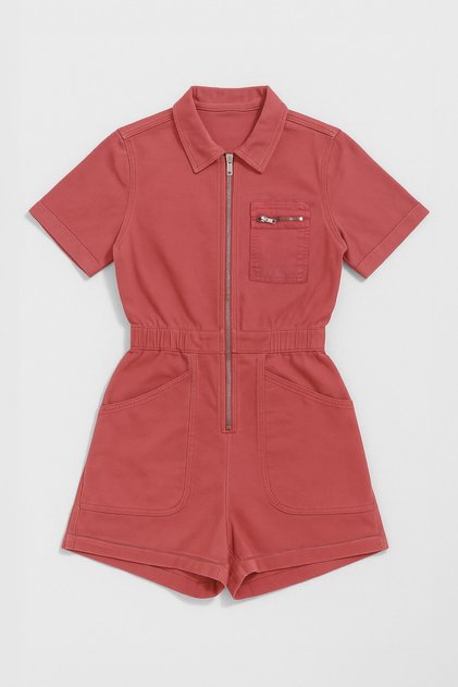 Women's Short Sleeve Zippered Elastic Waist Jean Jumpsuit Shorts Short Legs