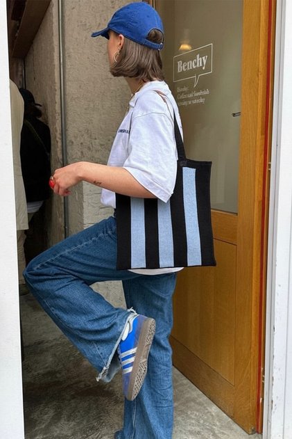 Women's Blue Stripes Knitted Tote Shoulder Bag