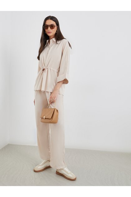 Beige Drawcord Waist Shirt and Pants Co-Ords