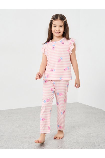 Striped Ruffle Sleeve T-Shirt and Pyjama Set