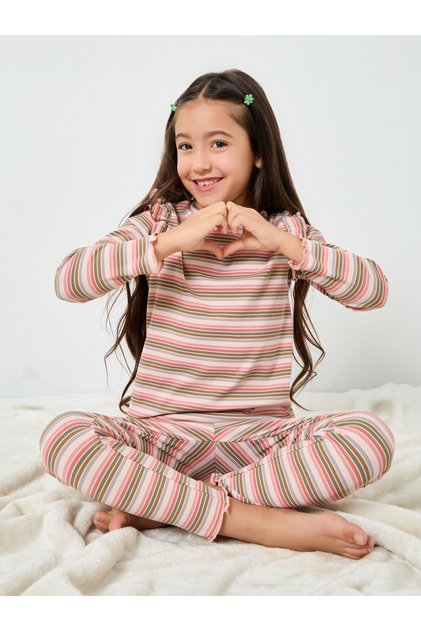 Girls Striped Ribbed Top and Pyjama Set