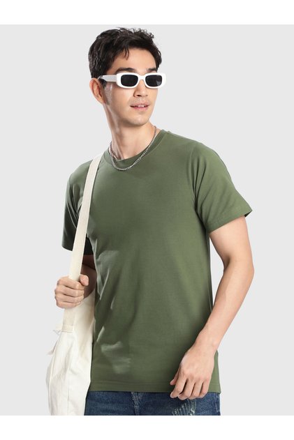 Men Olive Cotton Lycra Slim Fit T-Shirt