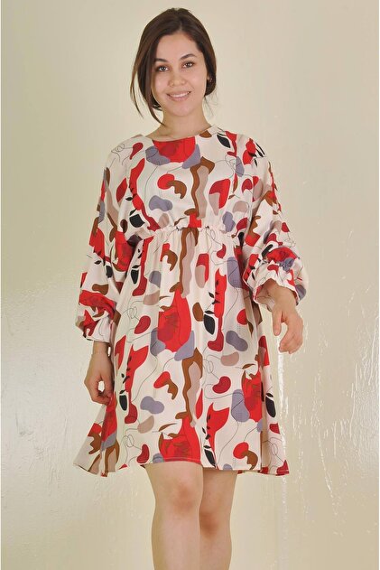 Çiçek Desenli Beli Büzgülü Tunik