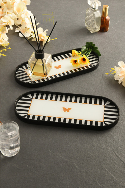 Butterfly Patterned Glass Presentation Tray - Black 2 Pieces 12X30 cm