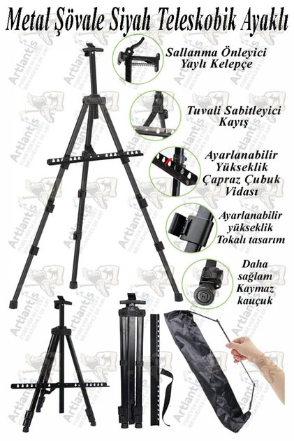Metal Şövale 1 Adet Siyah Teleskopik Ayaklı Çantalı Resim Şövale Portatif Ayarlanabilir Tripod Üç Ay