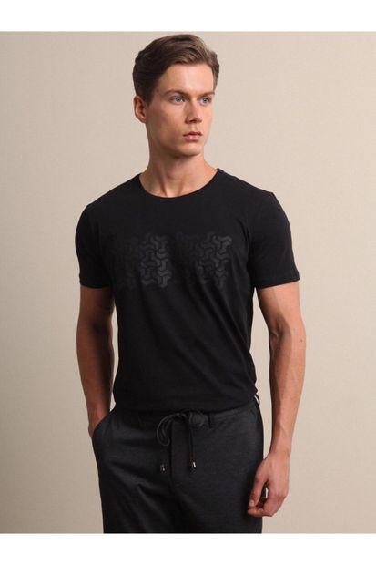 Kip Erkek Siyah Baskılı Örme T-Shirt - 1