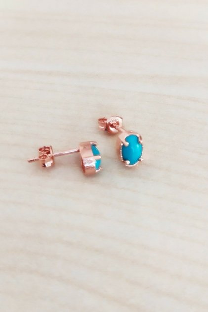 Gümüş Minimal Rose Turkuaz Taşlı Oval Küpe
