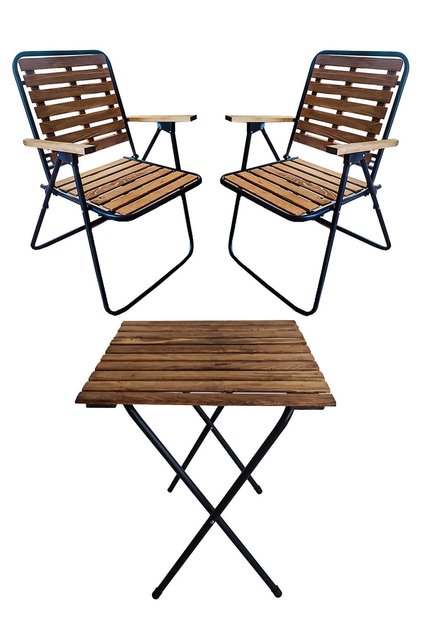 Ahşap 50x50 Katlanır Masa + 2 Adet Katlanır Sandalye Kamp Seti Bahçe Balkon Takımı-ceviz-cntr00186