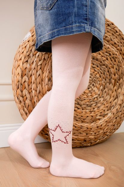 Uçs Kız Çocuk Dağınık Taşlar Ve Yıldız Desen Taş Baskılı Pembe Renk Pamuk Okul Külotlu Çorap 1 Adet - 4