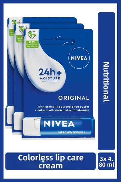 Original Care Colorless Lip Care Cream 4.8Gr, 24 Hour Moisturizing, Shea Butter, 3X Pieces