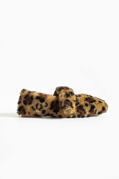 Leopar Peluş Kışlık Düz Taban Kadın Babet FT3939