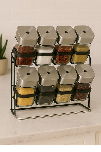 Stylish spice jar set with lid and metal holder to organize your kitchen with a modern touch