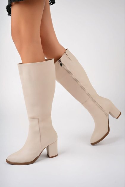 Long Women's Zippered Leather Boots - Women's Nut Long Zippered Leather Boots, Beige Heeled Casual Boots