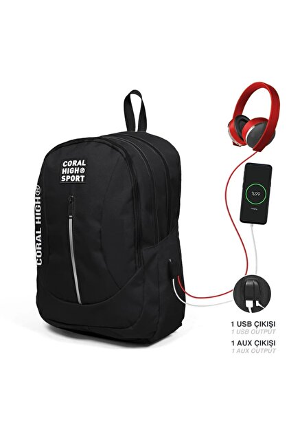 Coral High Sport Siyah Dört Bölmeli Usb Şarjlı Kulaklık Çıkışlı