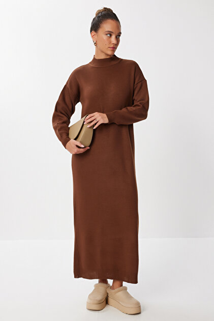 brown knitwear dress Gingerbread Brown Melange Alpaca Blend Sweater V-Neck Long Sleeve Dress main image 0