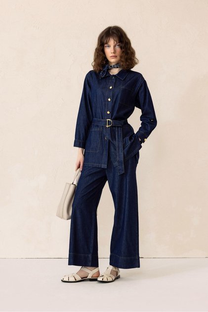 Jachetă cu curea în talie Pantaloni Denim Set din două piese ALBASTRU ÎNCHIS 9293-TK