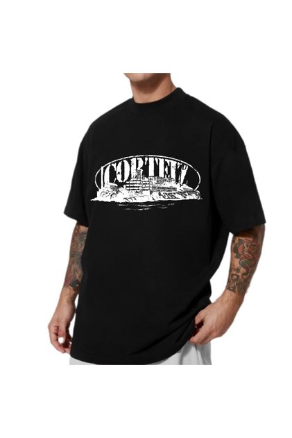 Crtz Baskılı Oversize Kadın/Erkek Unisex Bisiklet Yaka Siyah Tshirt