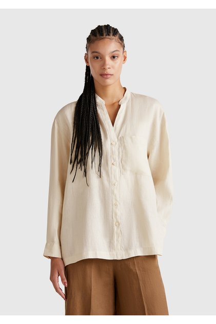Women's Stone Color 100% Linen Oversize Mandarin Collar Shirt with Left Front Pocket
