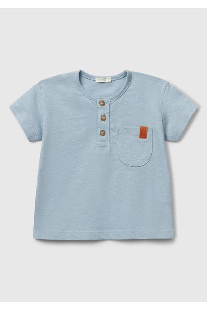 Baby Blue Front Detailed Logo Single Pocket Crew Neck T-Shirt