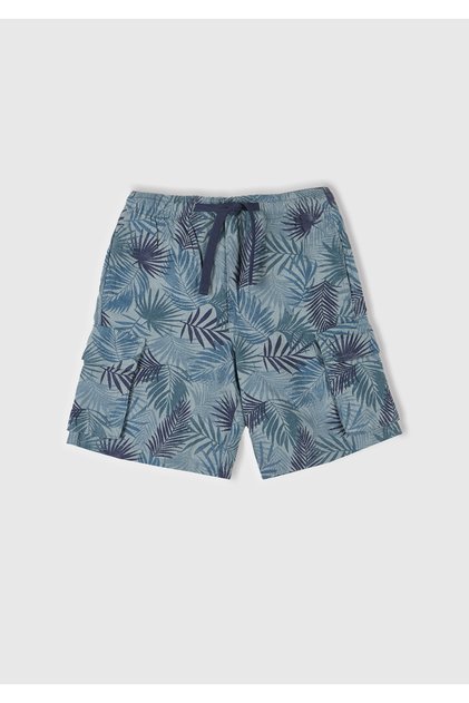 Boy's Airman Blue All Patterned Bermuda Shorts with Drawstring Cover Pocket Detail