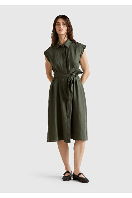 United Colors of Benetton Women's Khaki 100% Linen Pleated Shirt Dress with  Detachable Belt- Trendyol