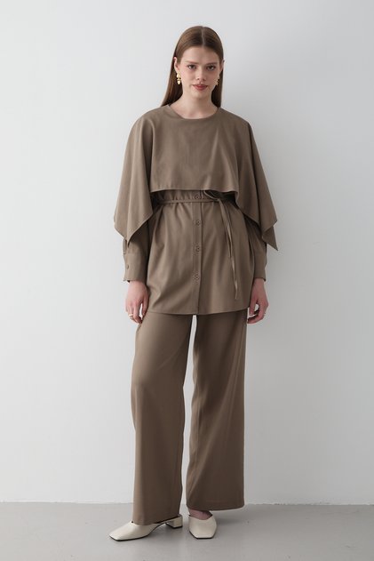 Women's Cape Detailed Lace-Up Tunic & Elastic Waist Pants Set