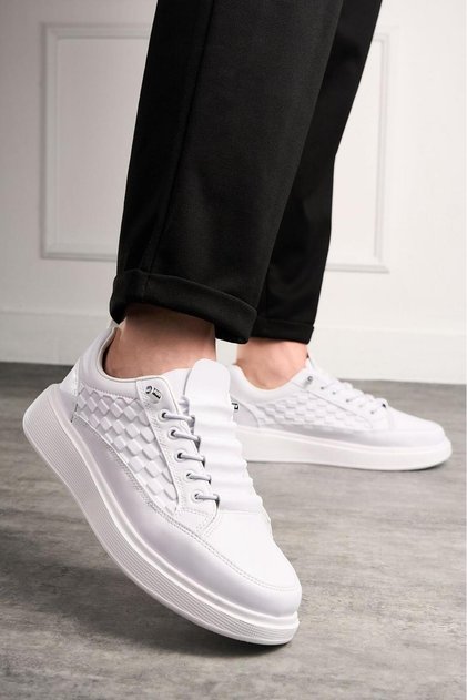 Casual White Men's Sports Shoes Lace-Up Stitching Detail Lightweight Thick High Sole Sneaker 418