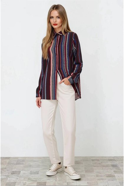Women's Black Ethnic Patterned Multicolor Viscose Shirt HZL23W-BD137851