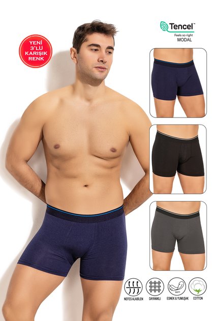 Özkan 11256 3-Pack Men's Mixed Color Premium Fabric Modal Cotton Flexible Soft Boxer Shorts