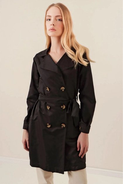 Women's Black Double-Breasted Collar Belted Unlined Seasonal Comfortable Short Trench Coat Hzl23S-Bd158641