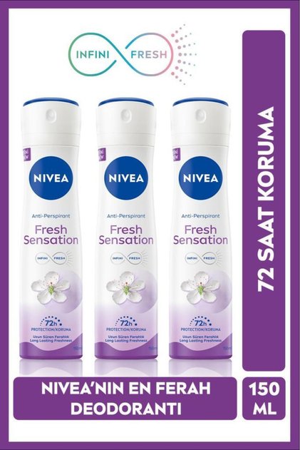 Kadın Sprey Deodorant Fresh Sensation 150ml, 72 Saat Anti-perspirant Koruma, Uzun Süren Ferahlık