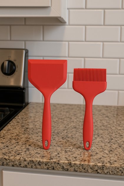Silicone Kitchen Set of 2 Heat-Resistant Spatulas and Grill Cleaning Brush – Non-Stick Easy Cleaning