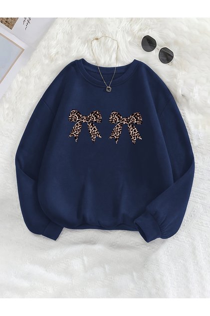 Unisex Leopard Patterned Ribbon Printed Oversize Sweatshirt
