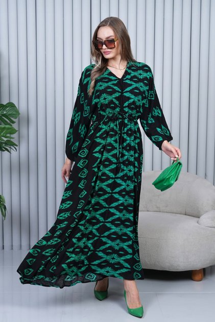 Women's Green Ethnic Patterned Balloon Sleeve Loose Long Dress