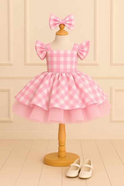 Girl's Plaid Pink Dress, Girl's Fluffy Party Dress