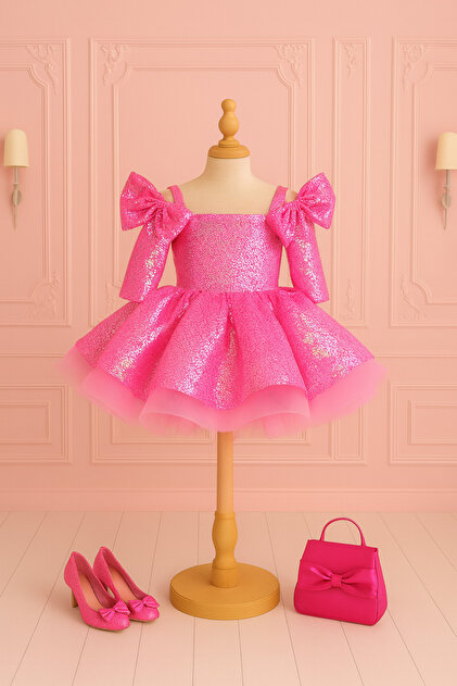 NA ADDESIGN Glitter Pink Girls Party Dress - Big Bow Detail, Puffy Dress,  Sequined Children's Dress- Trendyol