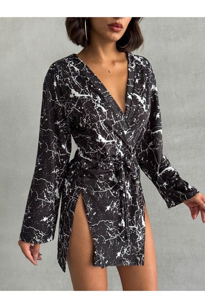 Women's Printed Miyabi Double-Breasted Kimono Dress with Belt Detail