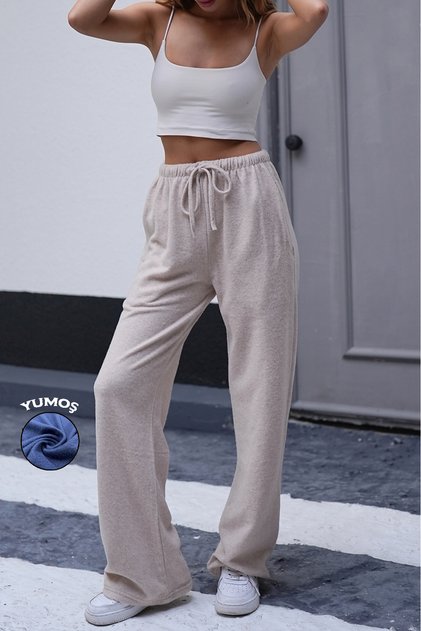 Cream Soft Premium Quality Lycra Women's Wide Leg Sweatpants with Adjustable Waist and Pockets