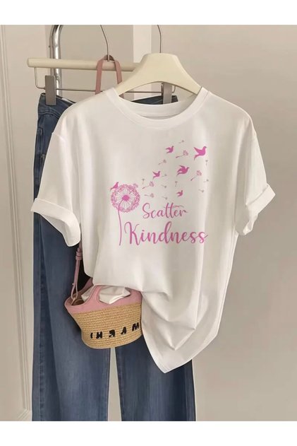 Scatter Kindness Printed Oversize Crew Neck T-Shirt