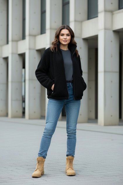 Women's Oversize Plush, Fleece, Zippered, Teddy Stand Collar, Warm Soft Winter Coat