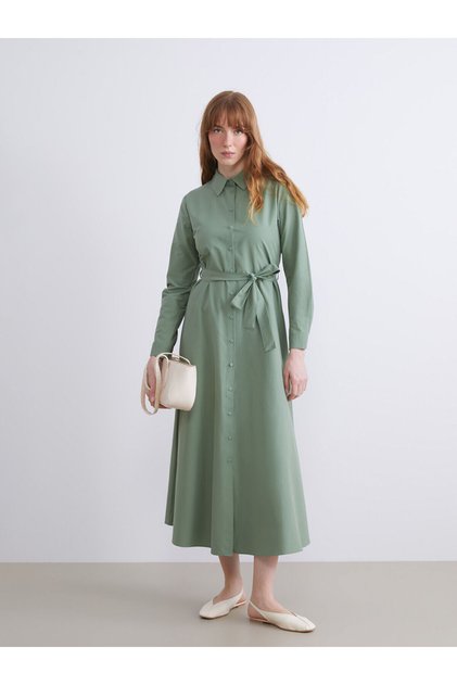 Vizyon New Season Plus Size Belted Waist Poplin Shirt Dress
