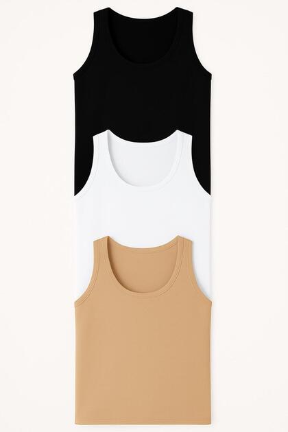 Set de 3 maiouri de bază din bumbac pentru femei, alb, negru, bronz